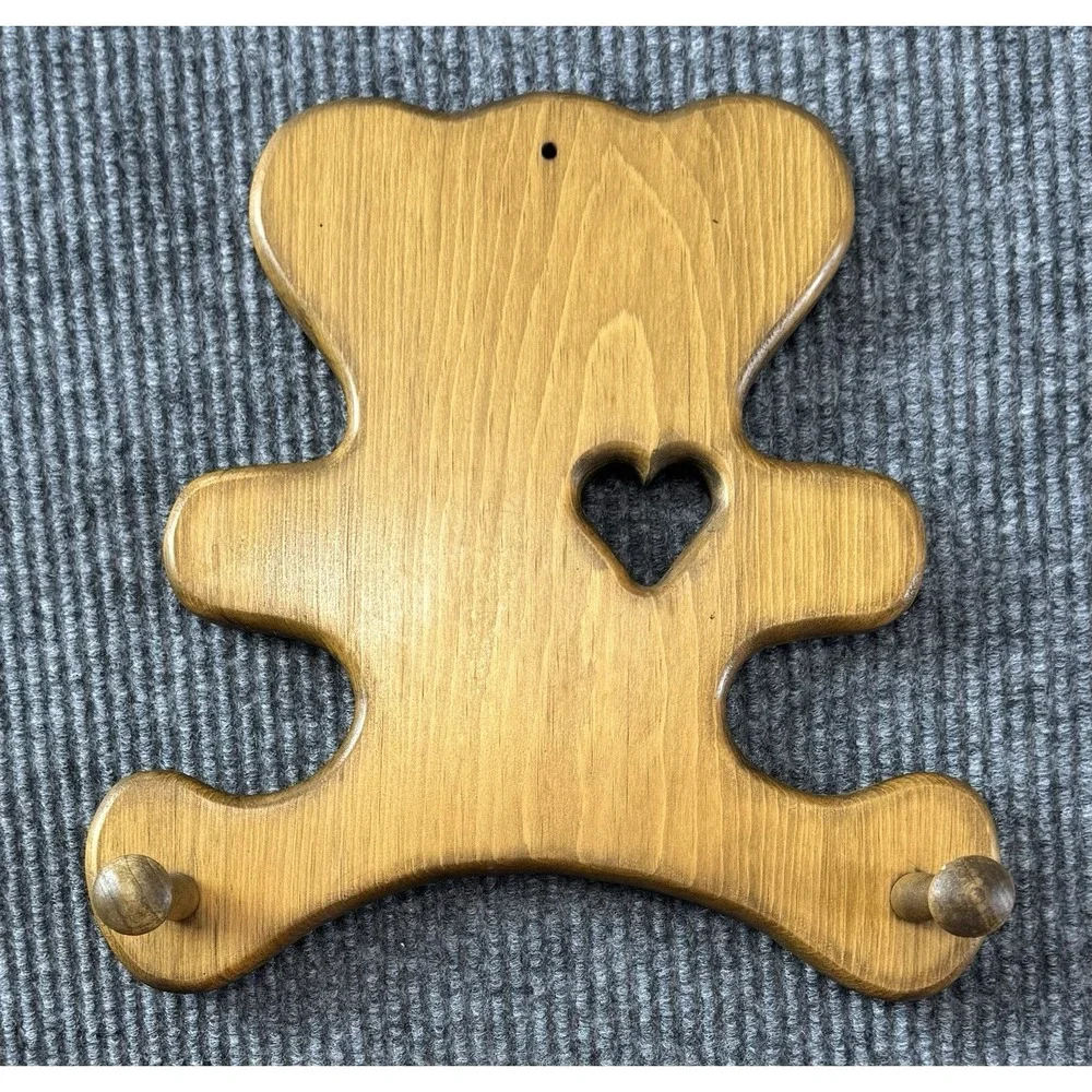 Vintage Wood Teddy Bear Wall Hook Rack Heart Cutout Nursery Decor Granny Cottage
